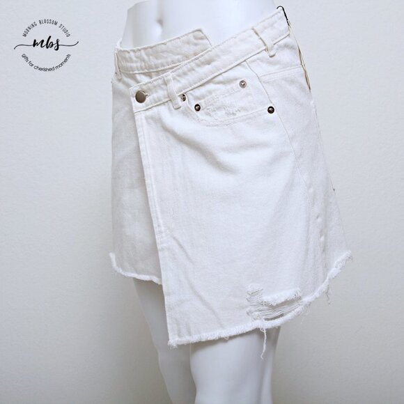 NWT Etophe Studios Asymmetrical Distressed Mini Denim Skirt with Raw Hem - Picture 6 of 13
